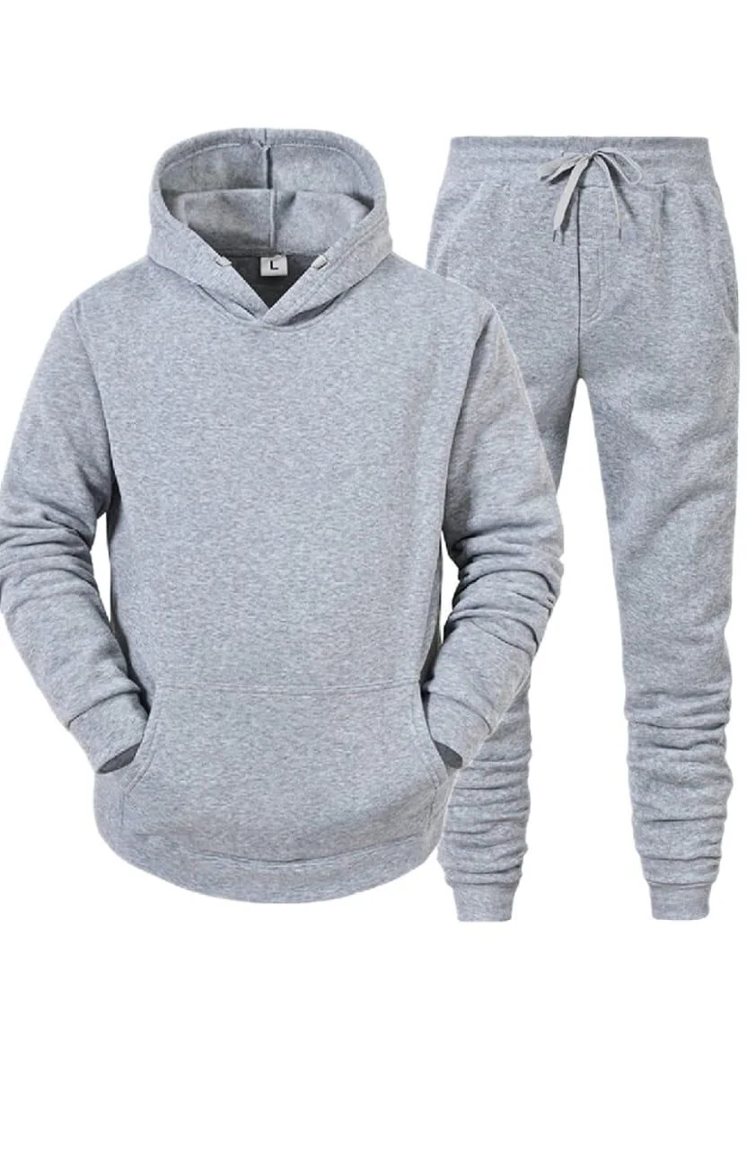 Light grey pullover hoodie and matching joggers, supplied style reference
